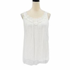 Carla Conti White Crochet Silk Layered Sleeveless Boho Summer Blouse Tank